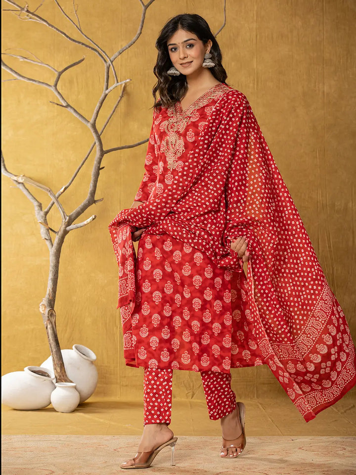 Red Cotton Zari Work Straight Kurta Dupatta Set