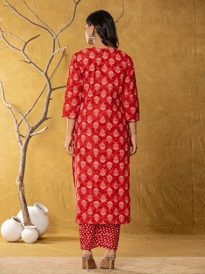 Red Cotton Zari Work Straight Kurta Dupatta Set