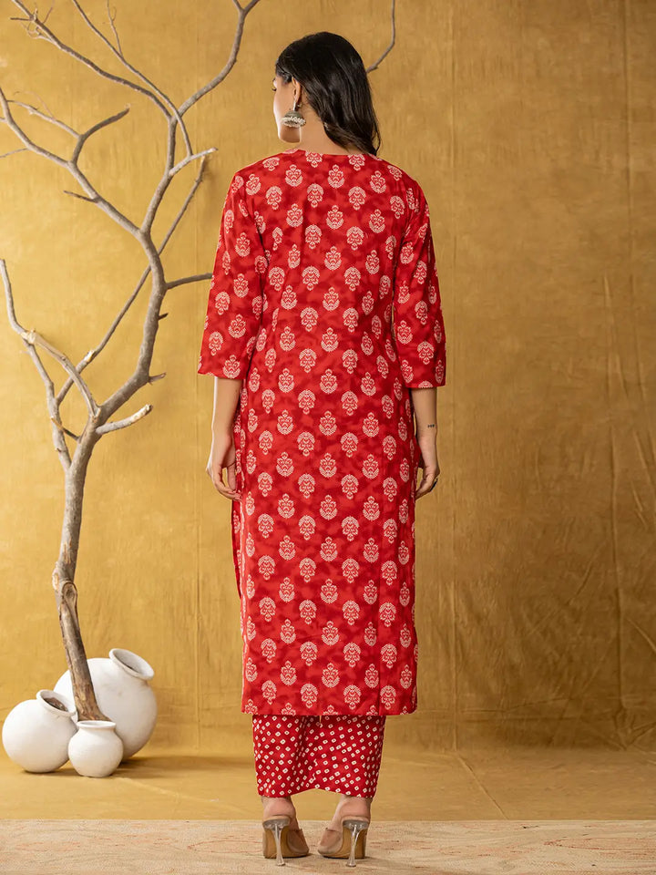 Red Cotton Zari Work Straight Kurta Dupatta Set