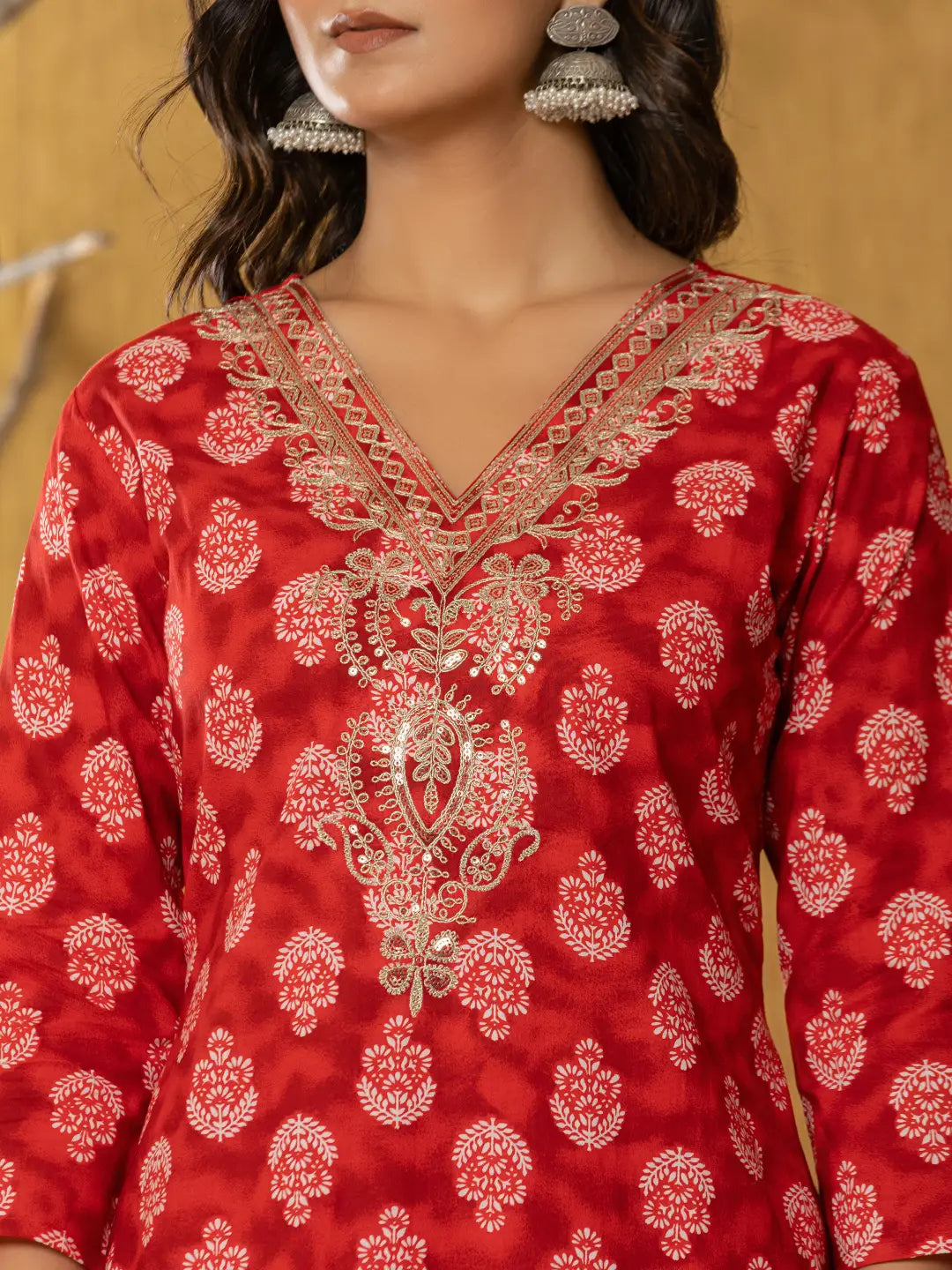 Red Cotton Zari Work Straight Kurta Dupatta Set