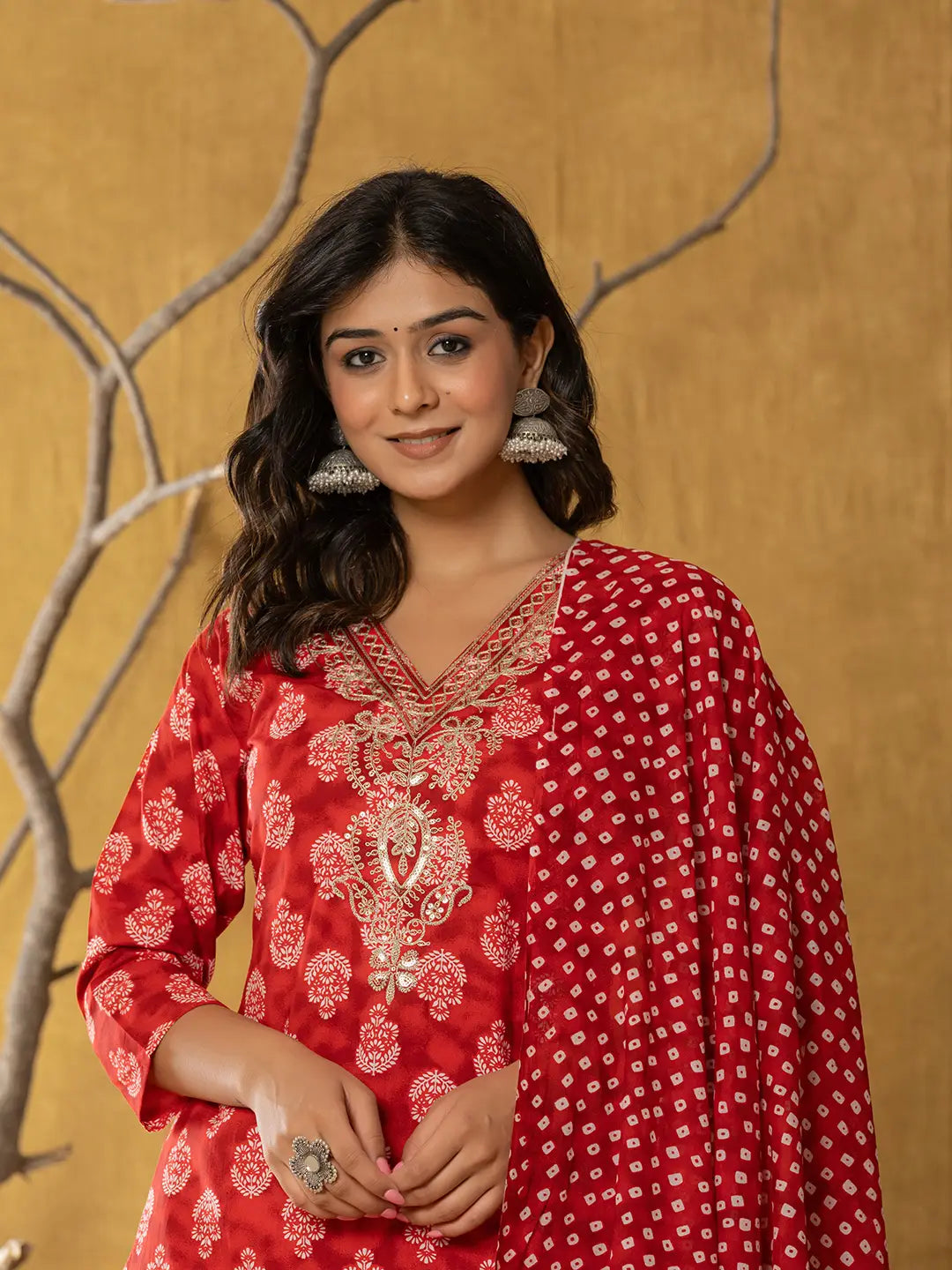 Red Cotton Zari Work Straight Kurta Dupatta Set