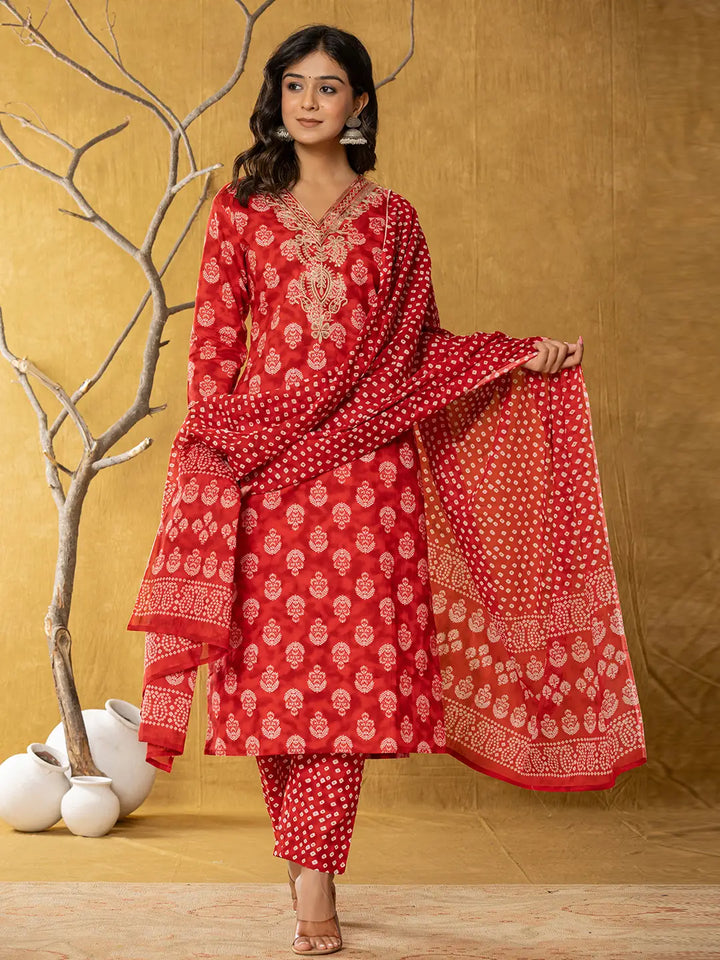 Red Cotton Zari Work Straight Kurta Dupatta Set