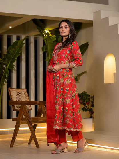 Red Dori Embroidery Voile Anarkali Kurta With Trousers With Dupatta Set