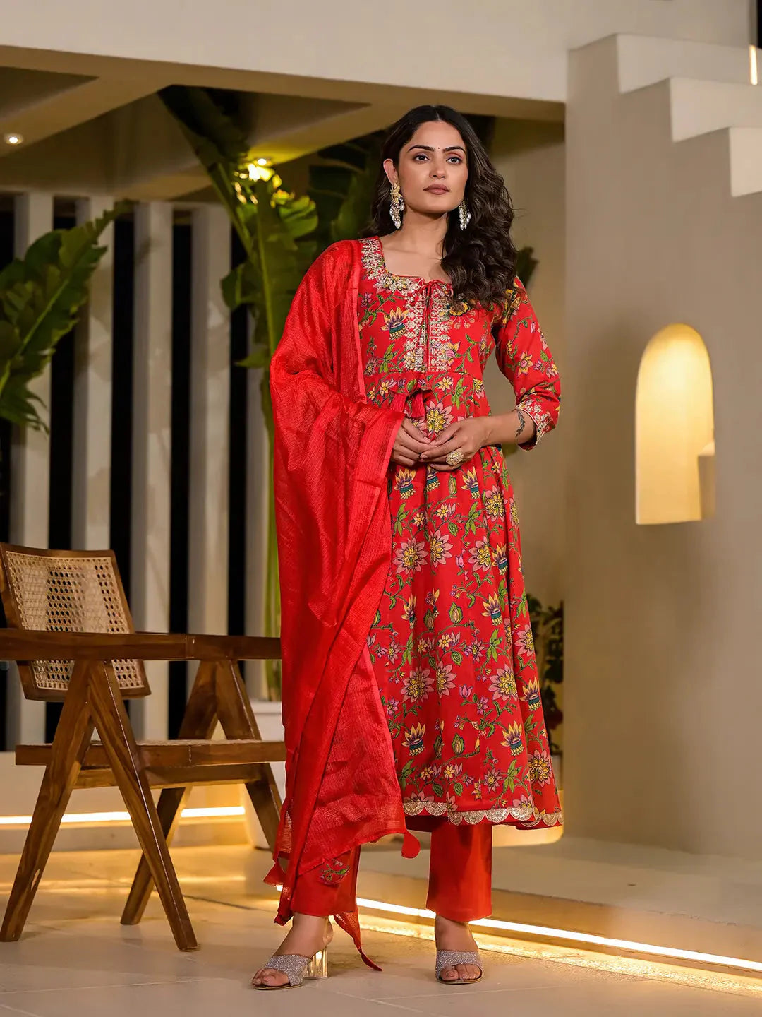 Women's Red Cotton Red Dori Embroidery Voile Anarkali Kurta With Trousers With Dupatta Set by Yufta, suitable for wholesale buyers, boutiques, retailers, resellers and bulk fashion orders from Trendphoria