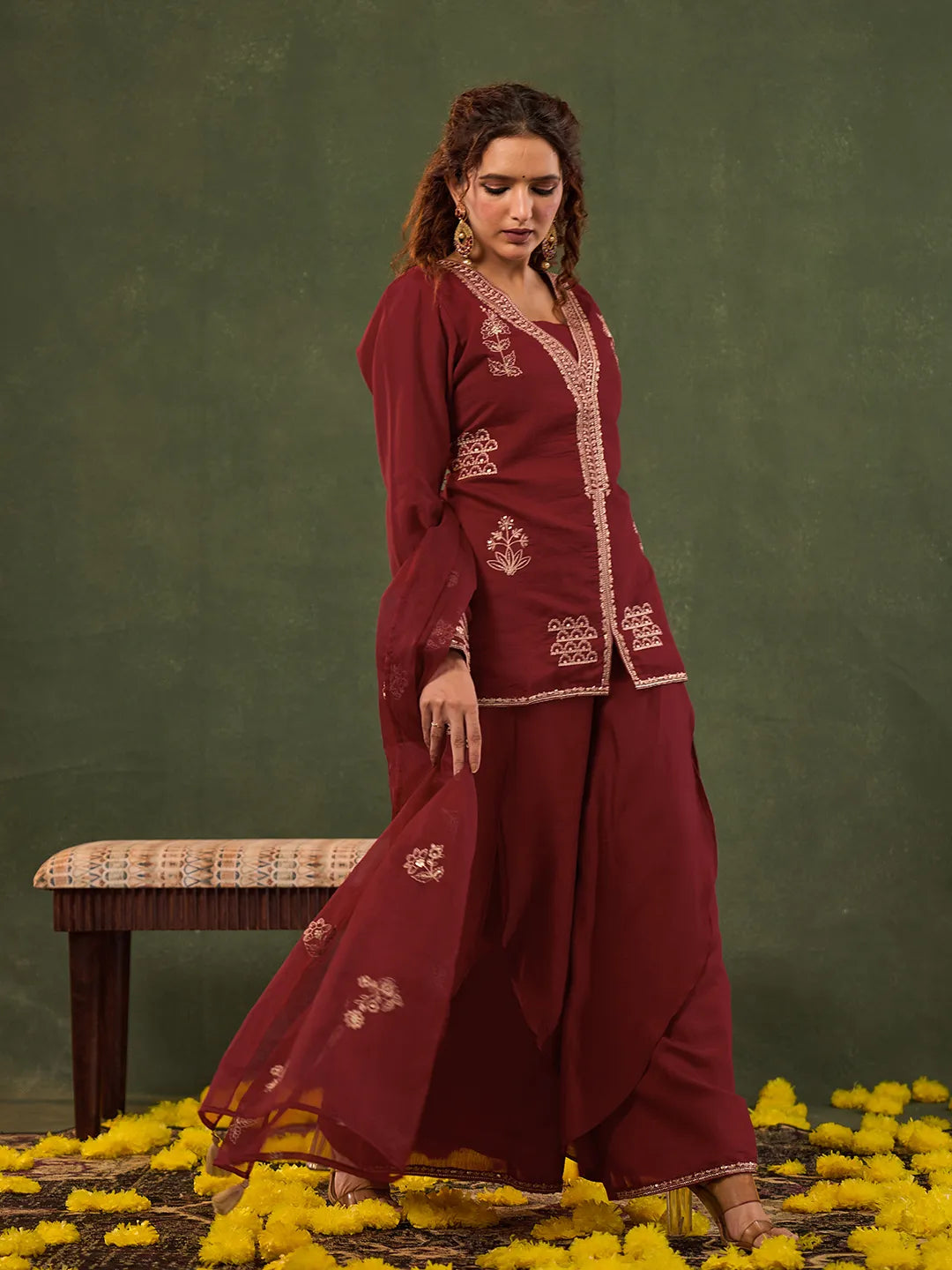 Red Embroidered Straight Silk Blend Long Sleeves Kurti Palazzo Dupatta Set
