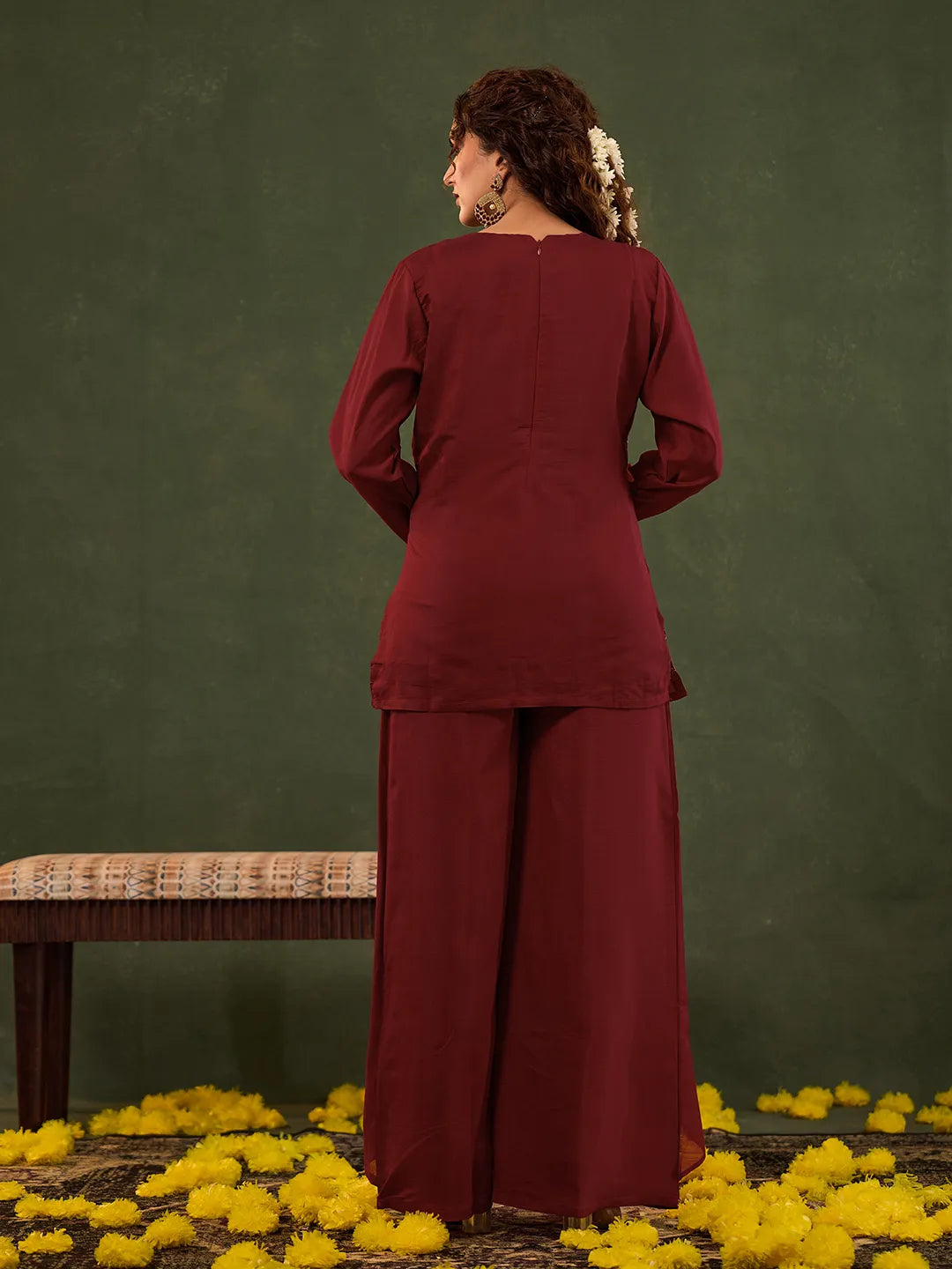 Red Embroidered Straight Silk Blend Long Sleeves Kurti Palazzo Dupatta Set