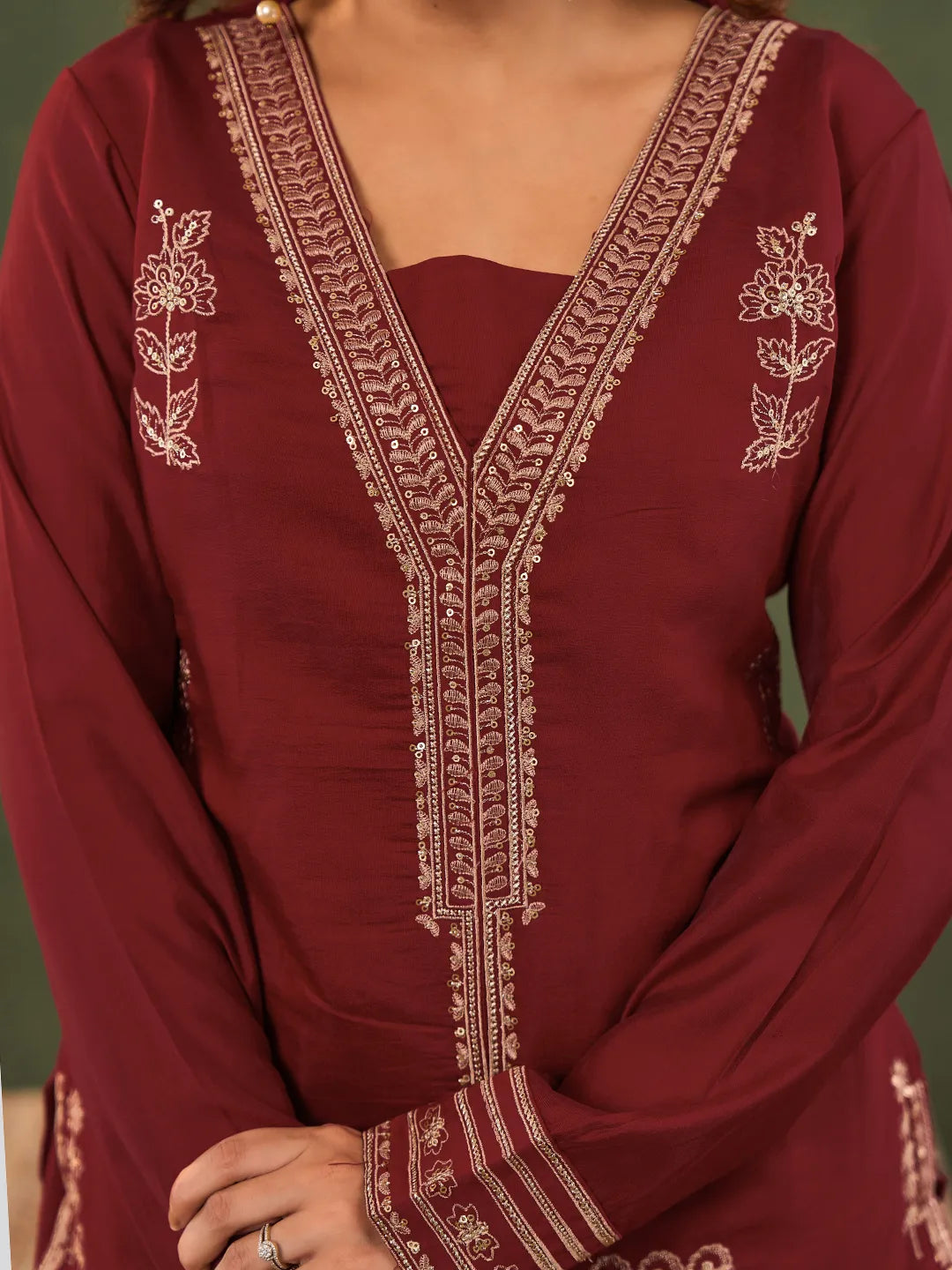 Red Embroidered Straight Silk Blend Long Sleeves Kurti Palazzo Dupatta Set