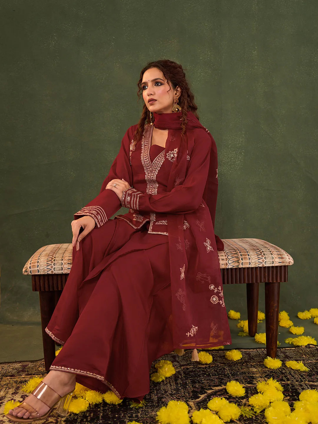 Red Embroidered Straight Silk Blend Long Sleeves Kurti Palazzo Dupatta Set