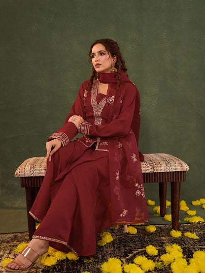 Red Embroidered Straight Silk Blend Long Sleeves Kurti Palazzo Dupatta Set