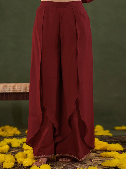 Red Embroidered Straight Silk Blend Long Sleeves Kurti Palazzo Dupatta Set