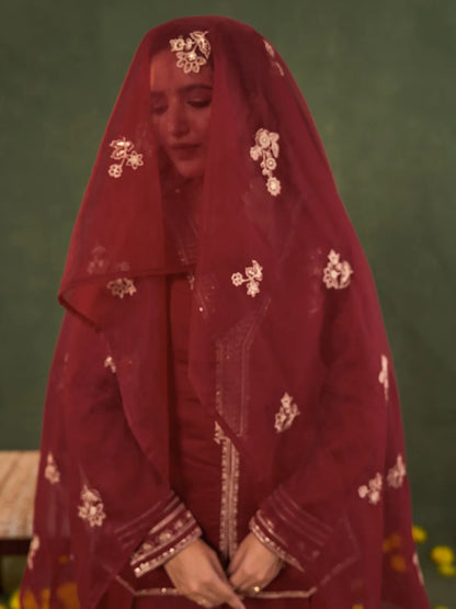 Red Embroidered Straight Silk Blend Long Sleeves Kurti Palazzo Dupatta Set