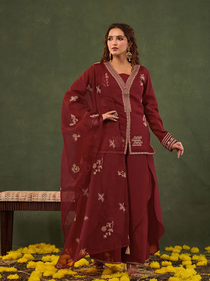 Red Embroidered Straight Silk Blend Long Sleeves Kurti Palazzo Dupatta Set