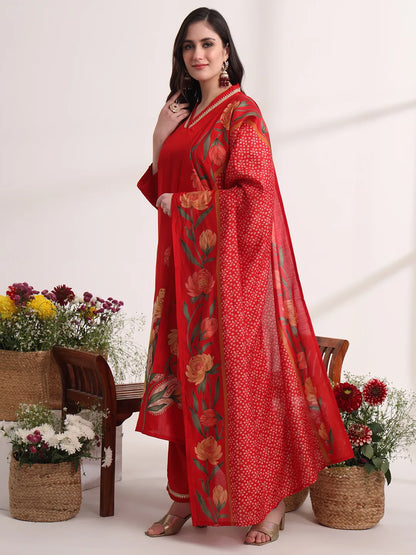 Red Floral Lace Work Straight Kurta And Trouser With Dupatta Set