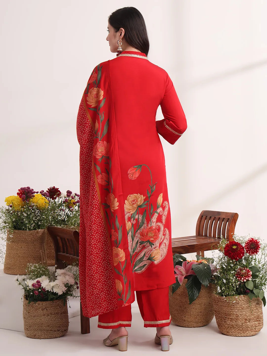 Red Floral Lace Work Straight Kurta And Trouser With Dupatta Set