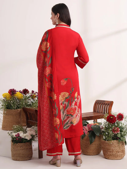 Red Floral Lace Work Straight Kurta And Trouser With Dupatta Set