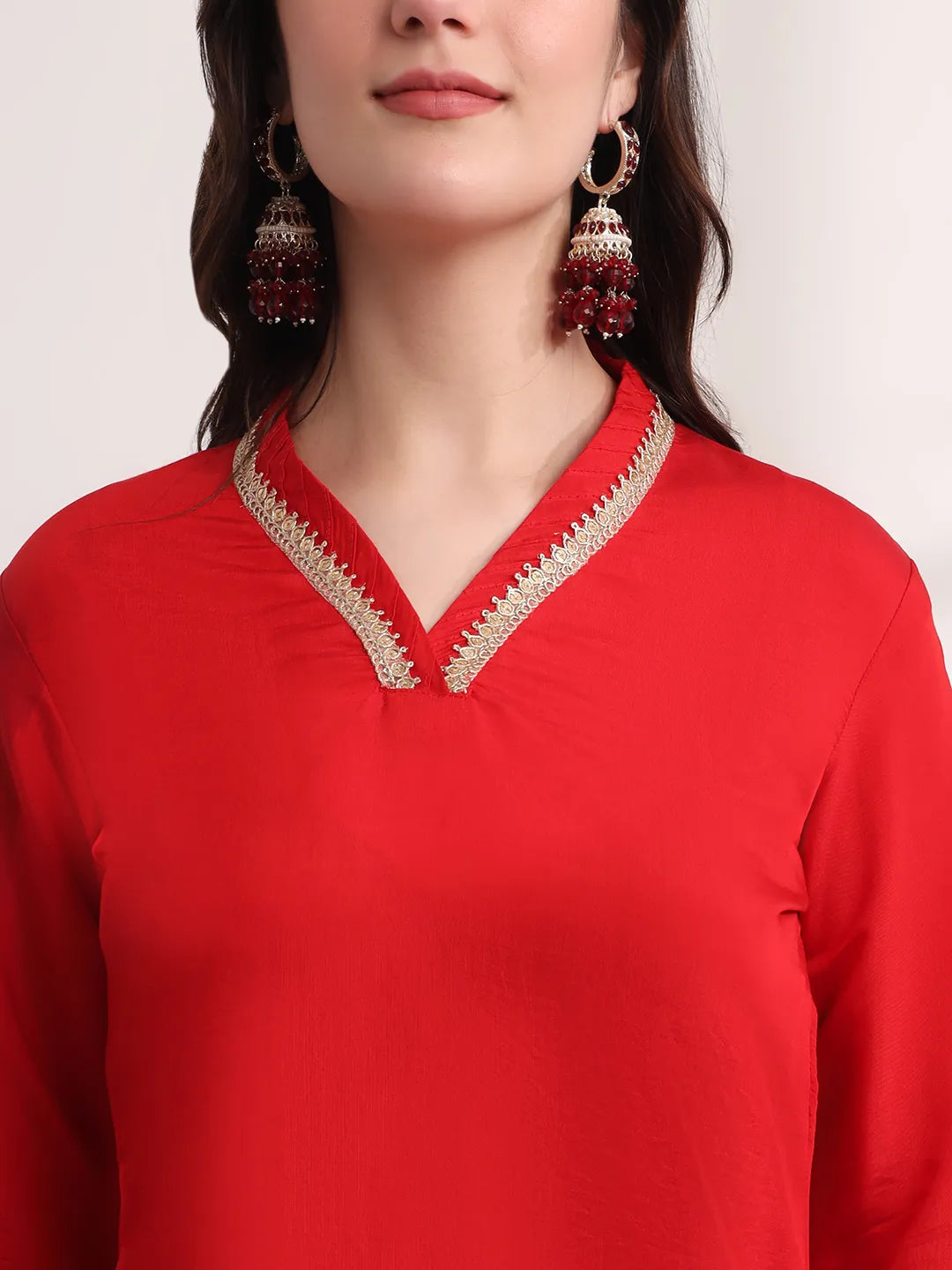 Red Floral Lace Work Straight Kurta And Trouser With Dupatta Set