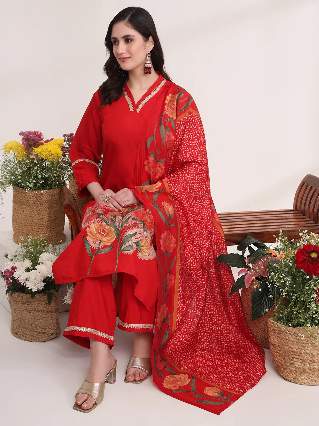 Red Floral Lace Work Straight Kurta And Trouser With Dupatta Set