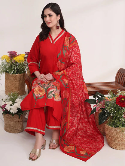 Red Floral Lace Work Straight Kurta And Trouser With Dupatta Set