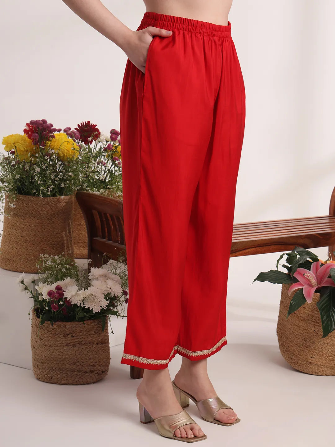 Red Floral Lace Work Straight Kurta And Trouser With Dupatta Set