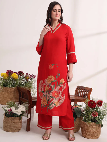 Red Floral Lace Work Straight Kurta And Trouser With Dupatta Set