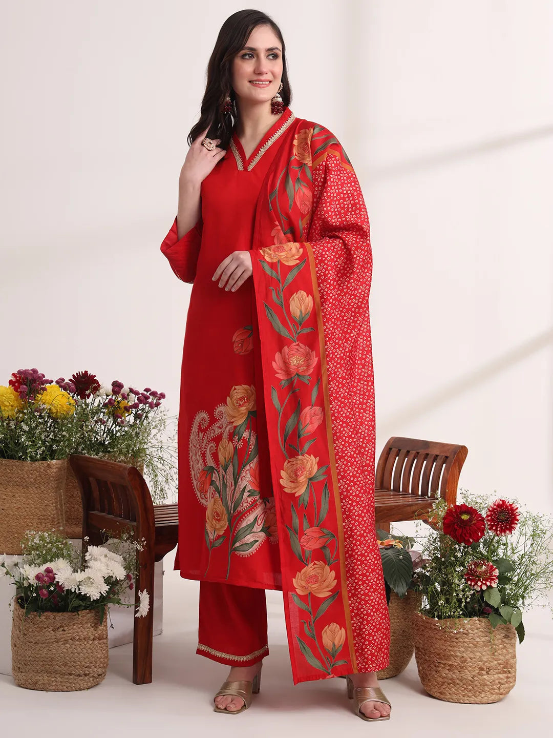Red Floral Lace Work Straight Kurta And Trouser With Dupatta Set