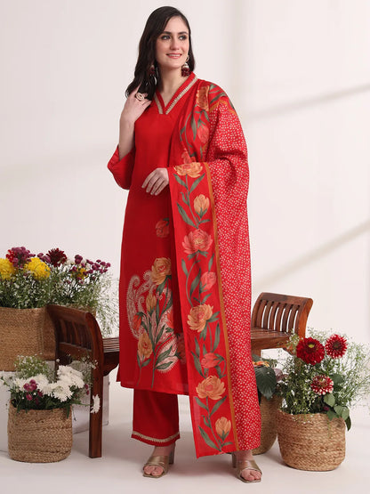 Red Floral Lace Work Straight Kurta And Trouser With Dupatta Set