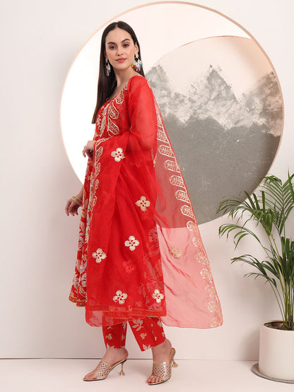 Red Floral Print Anarkali Style Kurta Trouser And Dupatta Set