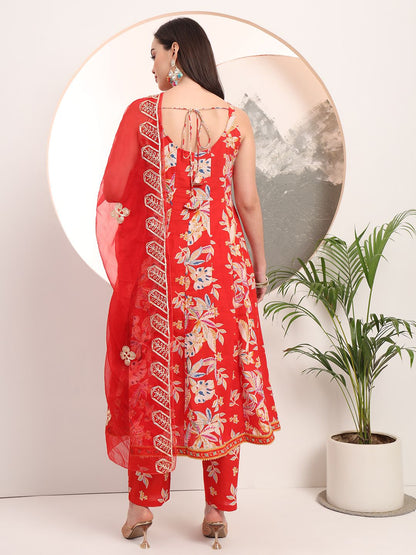 Red Floral Print Anarkali Style Kurta Trouser And Dupatta Set