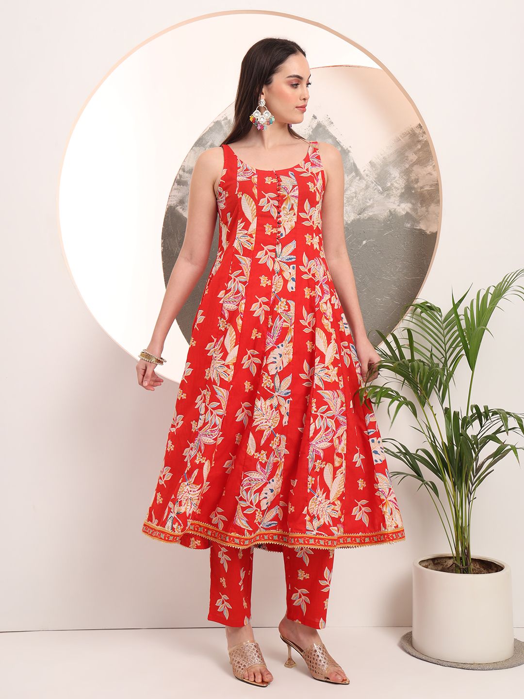 Red Floral Print Anarkali Style Kurta Trouser And Dupatta Set