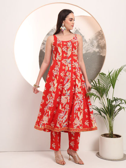 Red Floral Print Anarkali Style Kurta Trouser And Dupatta Set