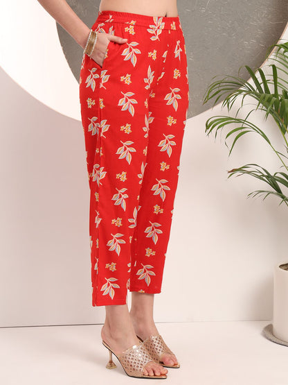 Red Floral Print Anarkali Style Kurta Trouser And Dupatta Set