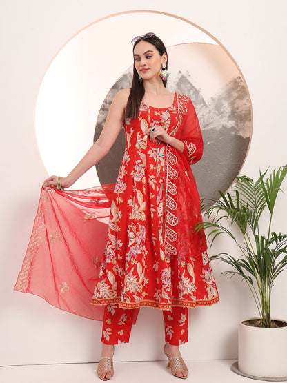 Red Floral Print Anarkali Style Kurta Trouser And Dupatta Set