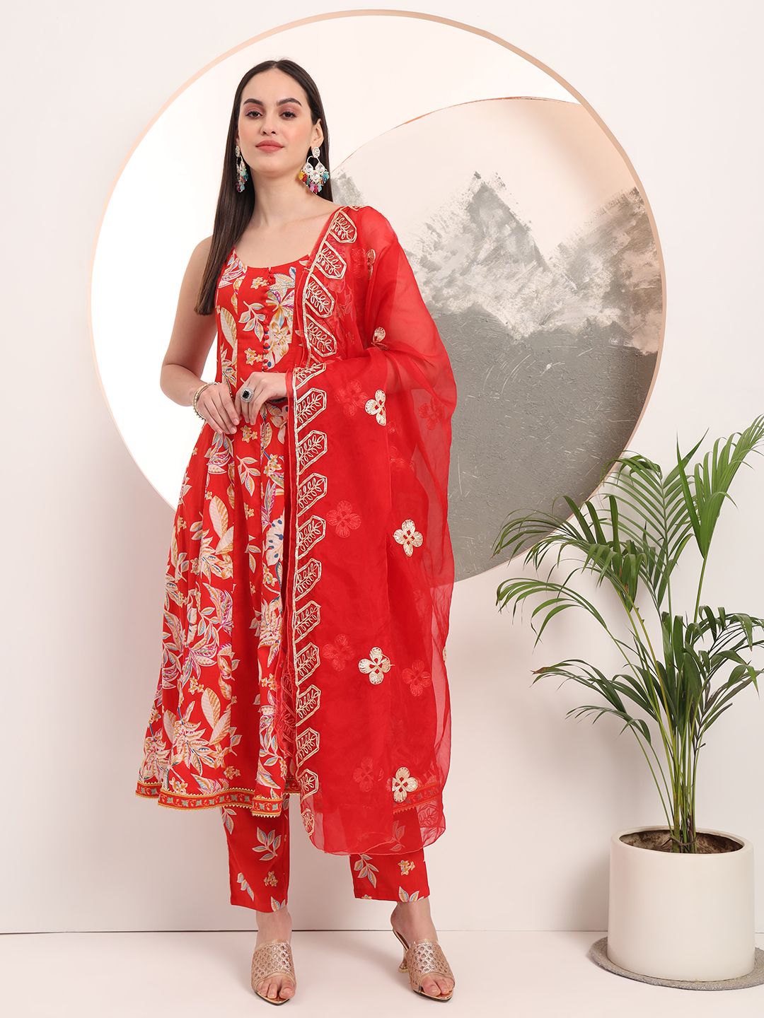 Women's Red Cotton Red Floral Print Anarkali Style Kurta Trouser And Dupatta Set by Yufta, suitable for wholesale buyers, boutiques, retailers, resellers and bulk fashion orders from Trendphoria