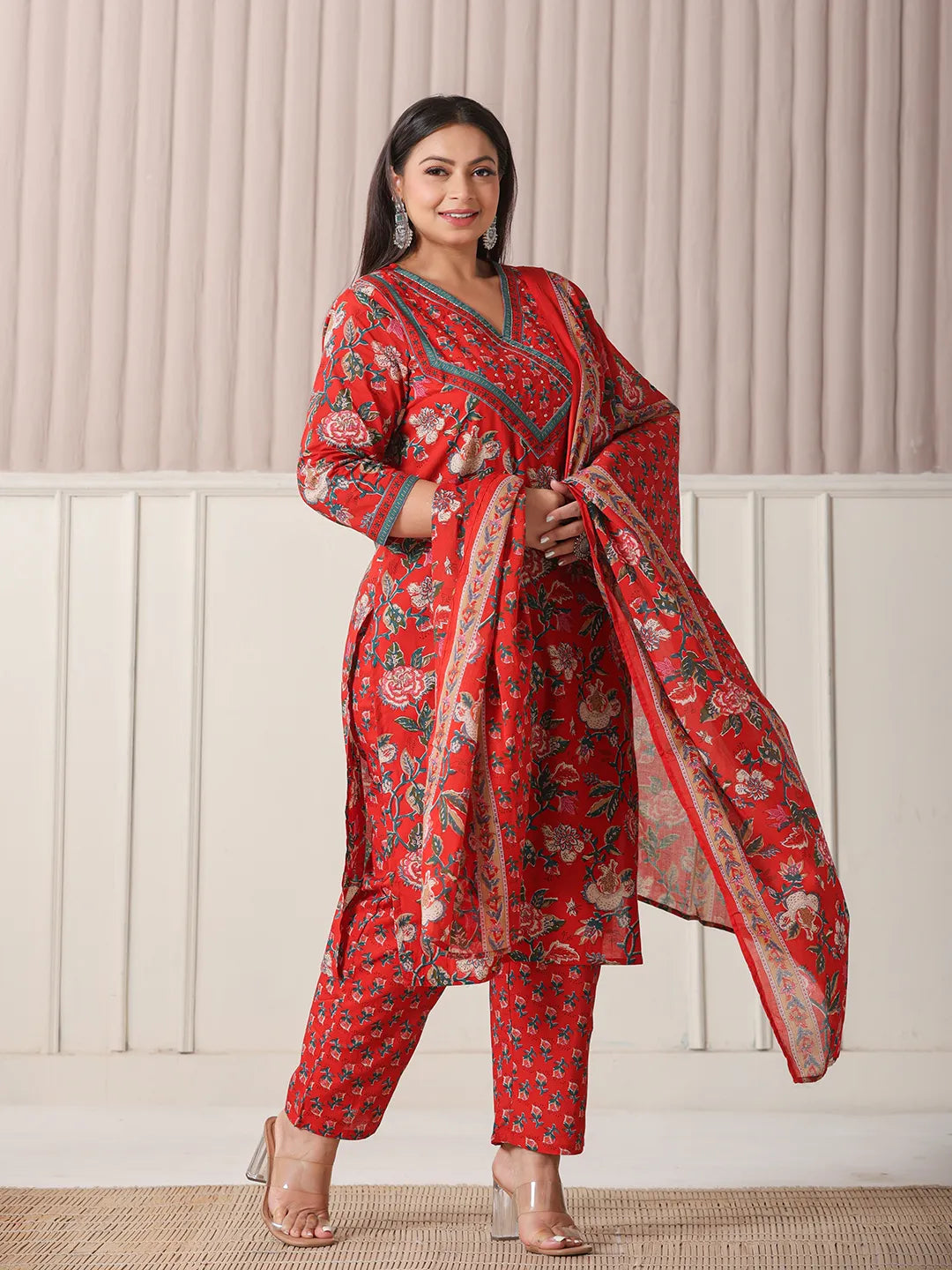 Red Floral Print Cotton Cut Dana Work Plus Size Kurta Set With Pant & Dupatta