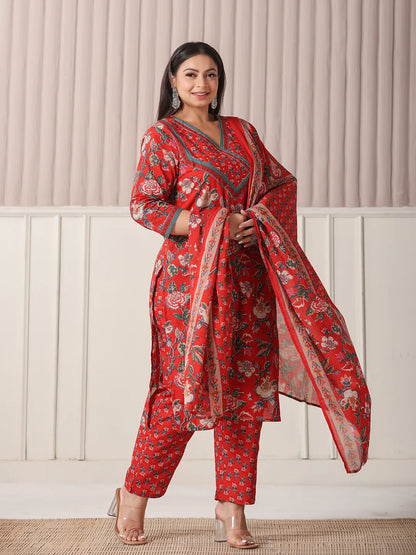 Red Floral Print Cotton Cut Dana Work Plus Size Kurta Set With Pant & Dupatta