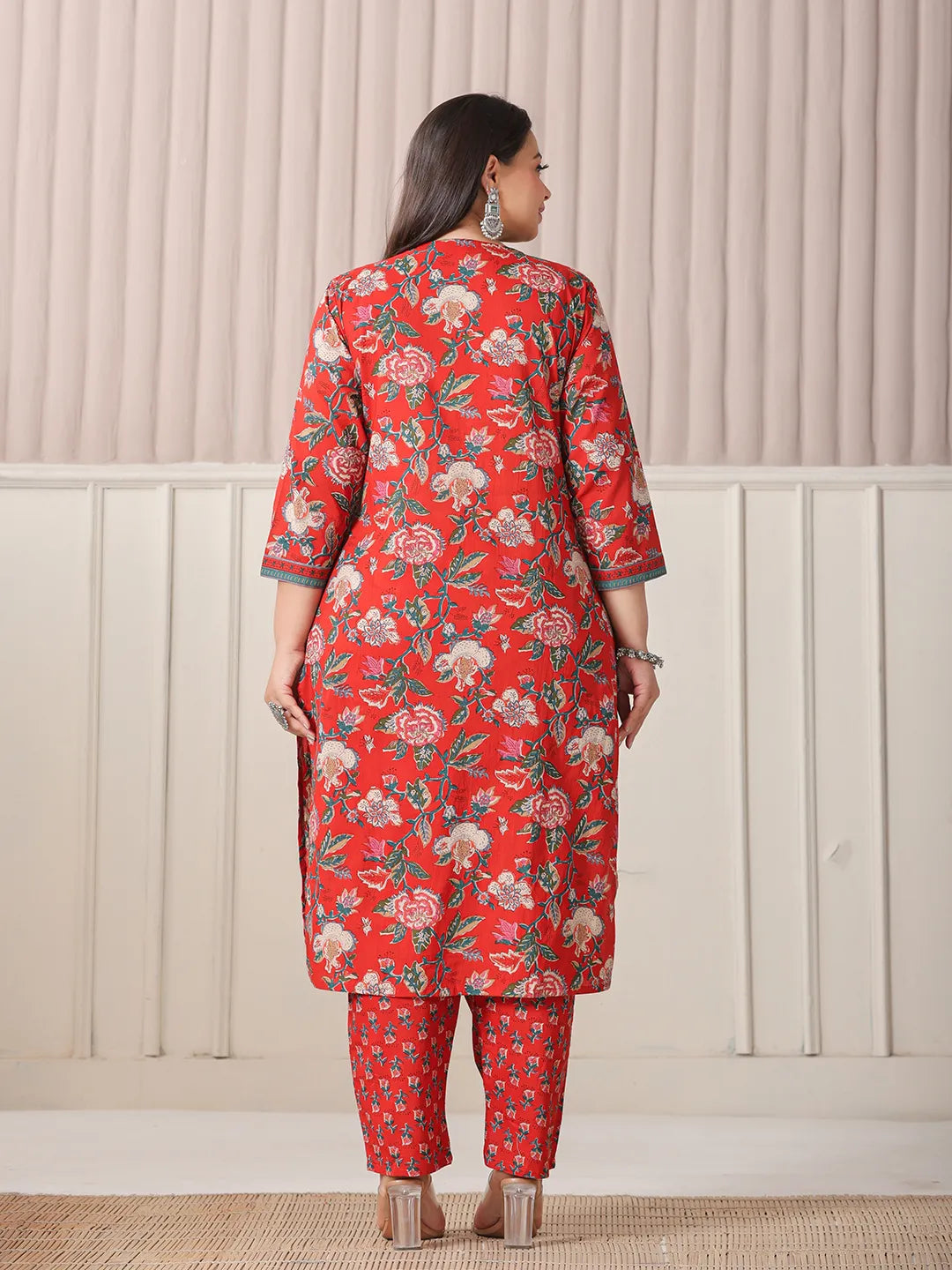 Red Floral Print Cotton Cut Dana Work Plus Size Kurta Set With Pant & Dupatta