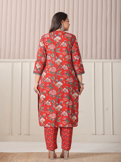 Red Floral Print Cotton Cut Dana Work Plus Size Kurta Set With Pant & Dupatta