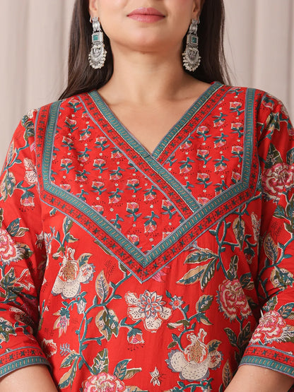Red Floral Print Cotton Cut Dana Work Plus Size Kurta Set With Pant & Dupatta