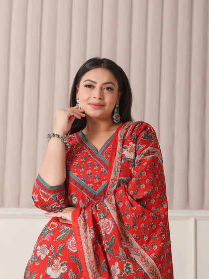 Red Floral Print Cotton Cut Dana Work Plus Size Kurta Set With Pant & Dupatta