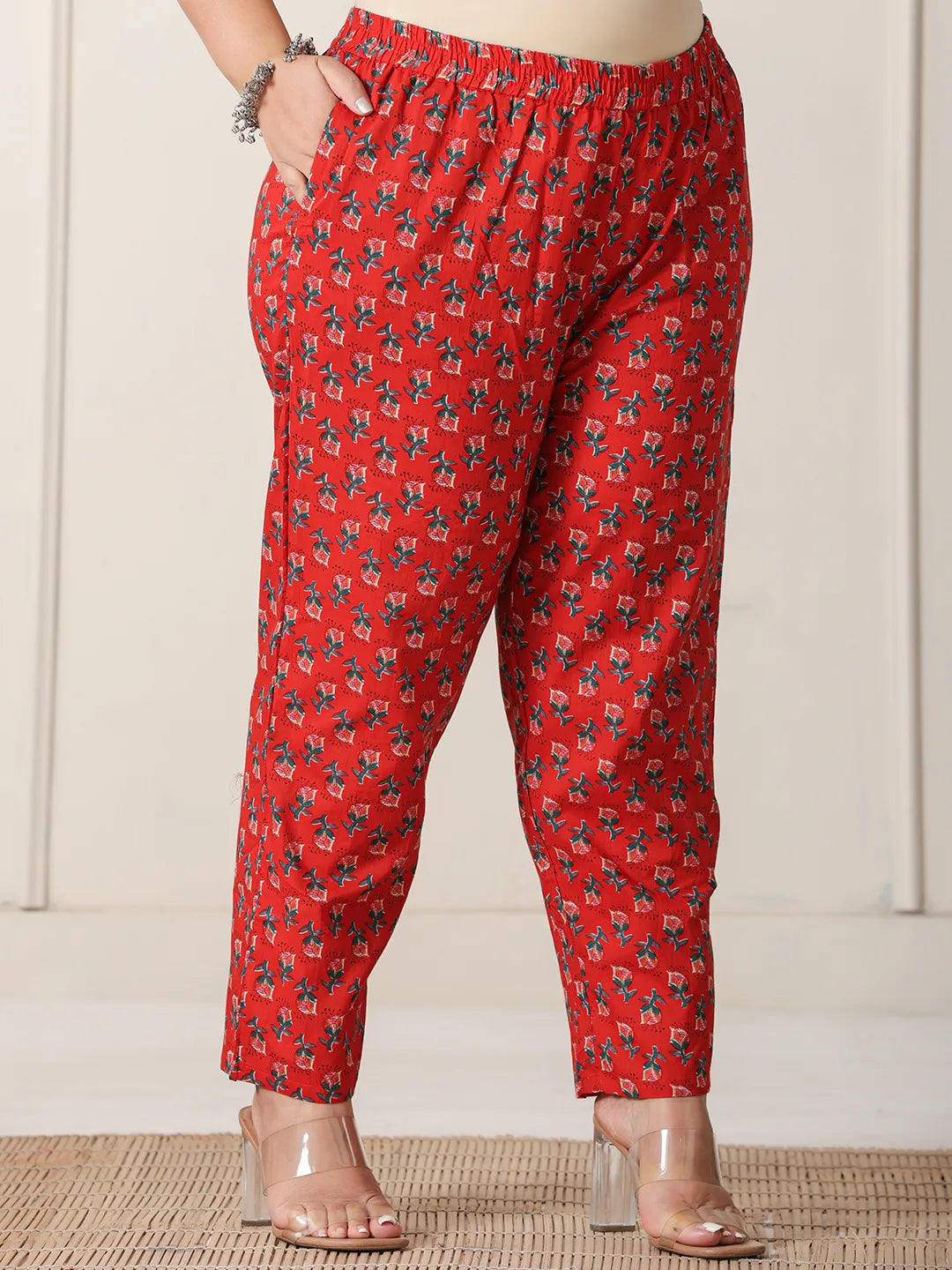 Red Floral Print Cotton Cut Dana Work Plus Size Kurta Set With Pant & Dupatta