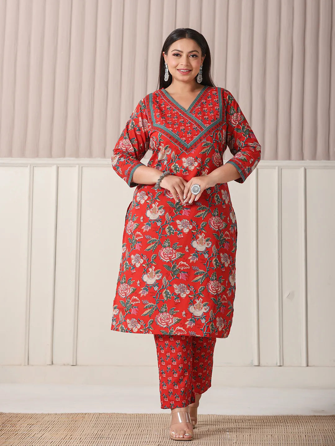 Red Floral Print Cotton Cut Dana Work Plus Size Kurta Set With Pant & Dupatta