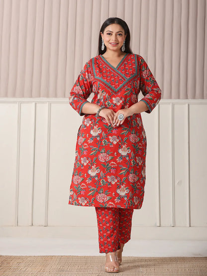 Red Floral Print Cotton Cut Dana Work Plus Size Kurta Set With Pant & Dupatta