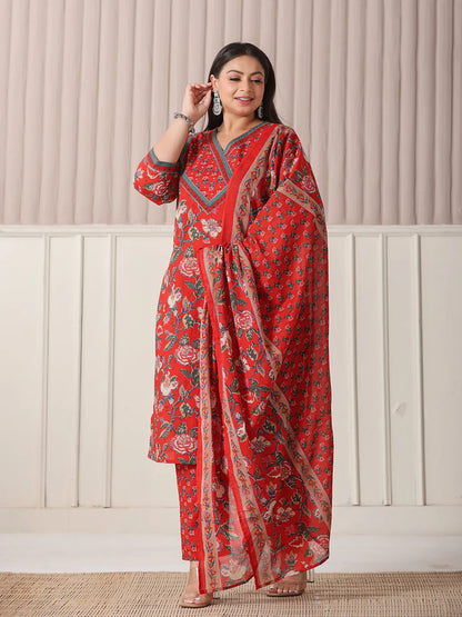 Women's Red Cotton Red Floral Print Cotton Cut Dana Work Plus Size Kurta Set With Pant & Dupatta by Yufta, suitable for wholesale buyers, boutiques, retailers, resellers and bulk fashion orders from Trendphoria