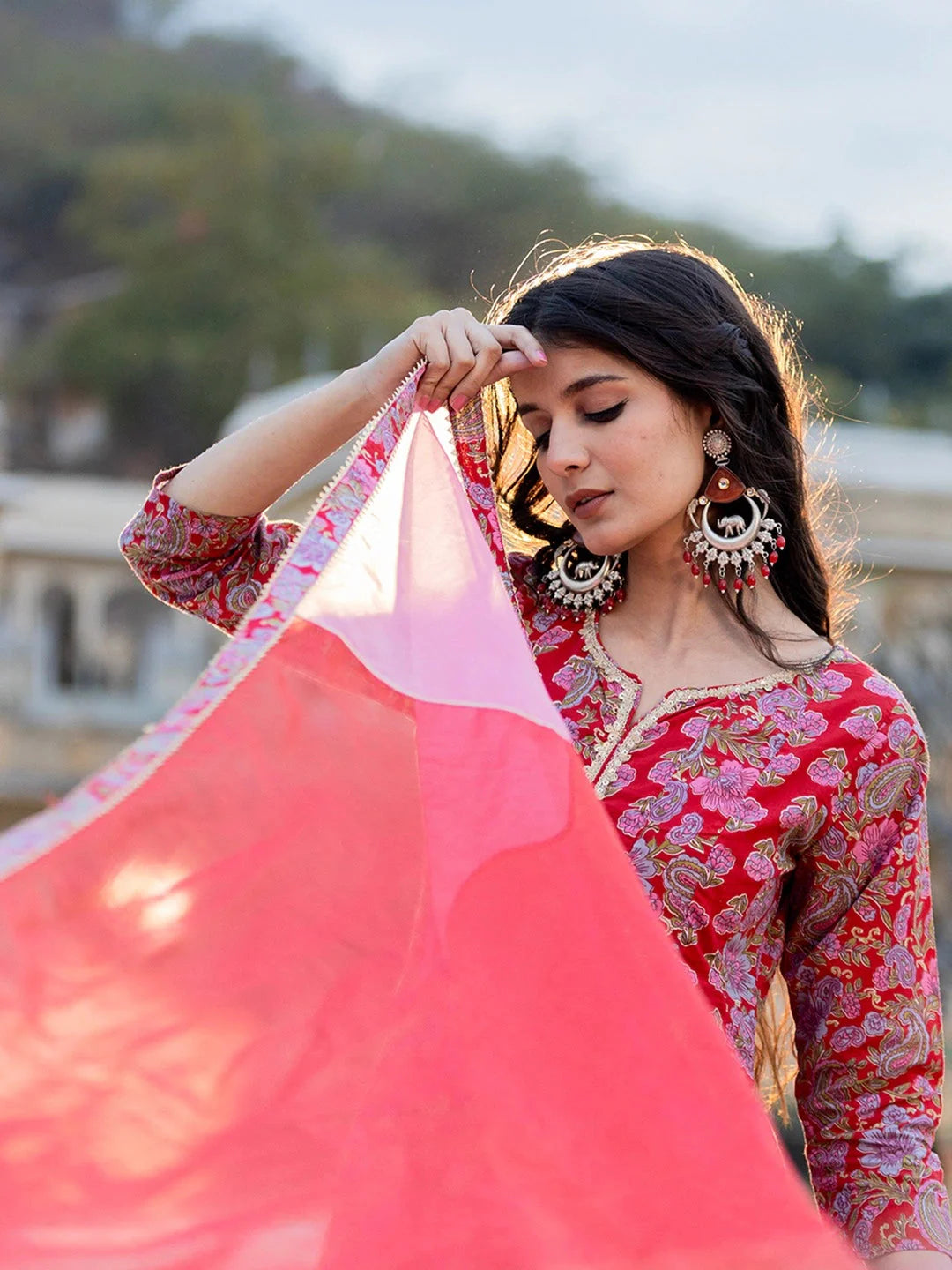 Red Floral Print Regular Sleeves Anarkali Kurta Trouser And Dupatta Set