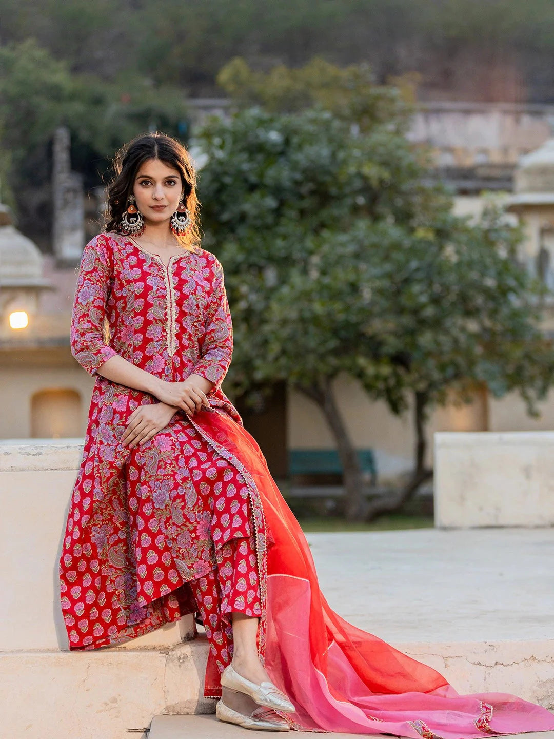 Red Floral Print Regular Sleeves Anarkali Kurta Trouser And Dupatta Set