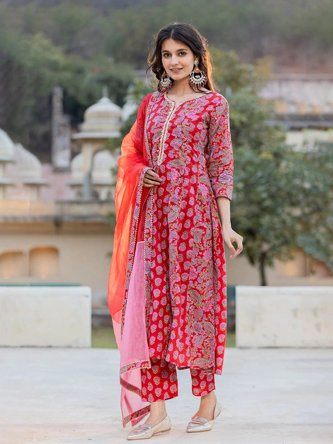 Red Floral Print Regular Sleeves Anarkali Kurta Trouser And Dupatta Set