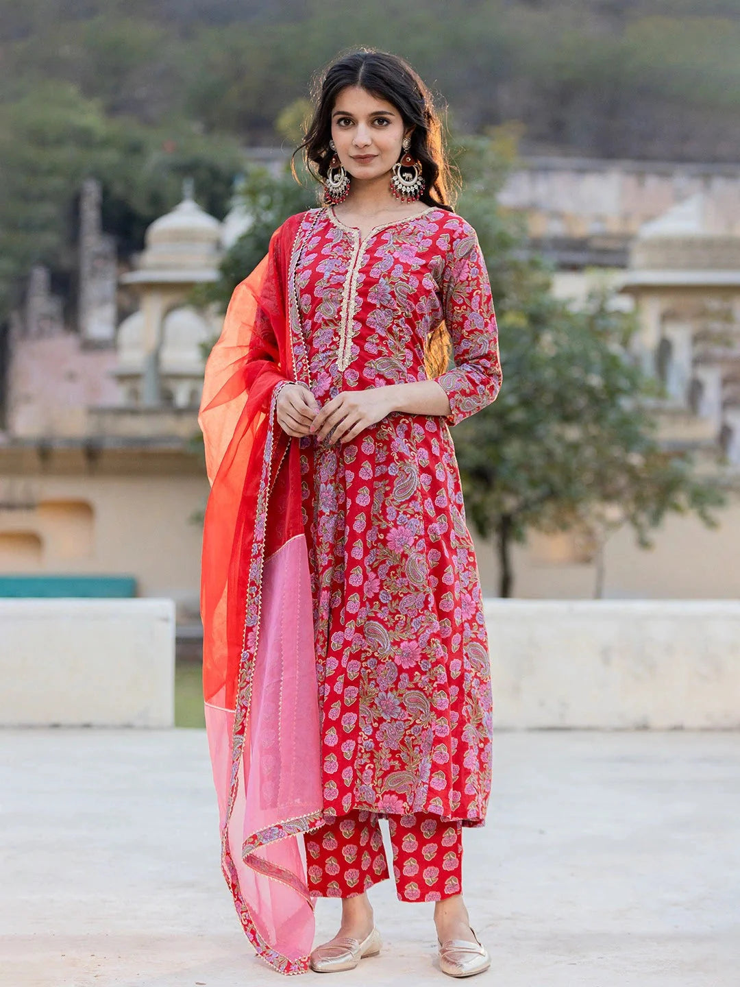 Red Floral Print Regular Sleeves Anarkali Kurta Trouser And Dupatta Set
