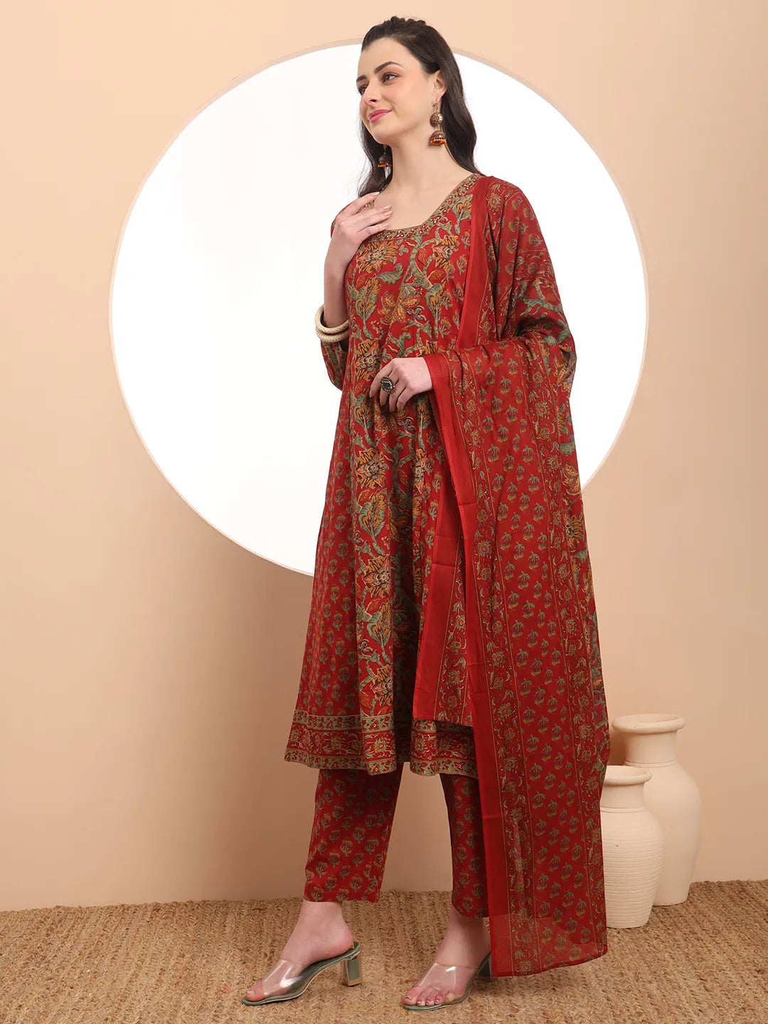 Red Floral Print Thread Work A-Line Kurta Trouser Dupatta Set