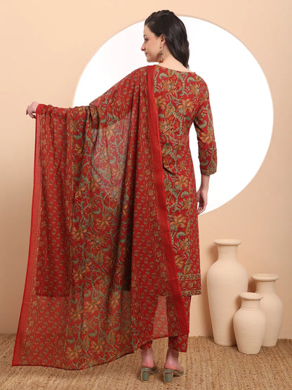Red Floral Print Thread Work A-Line Kurta Trouser Dupatta Set
