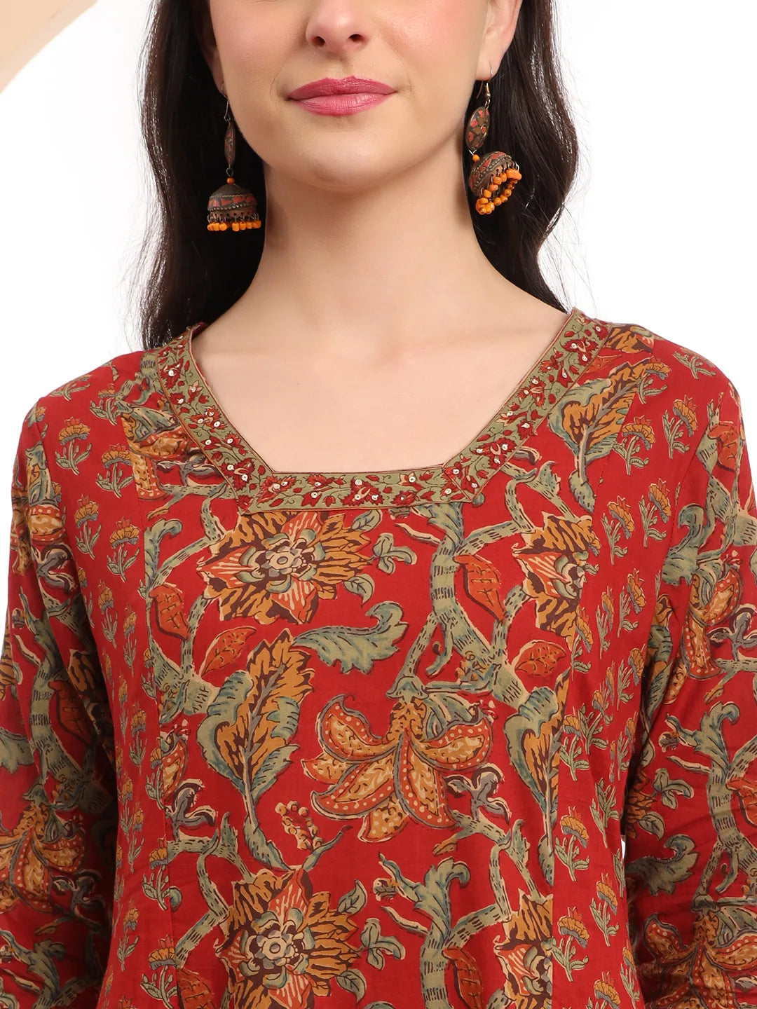Red Floral Print Thread Work A-Line Kurta Trouser Dupatta Set